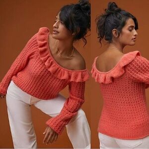 Anthropologie Ruffle Off‎ Shoulder Lumi Sweater Coral Knit Cozy Wool blend